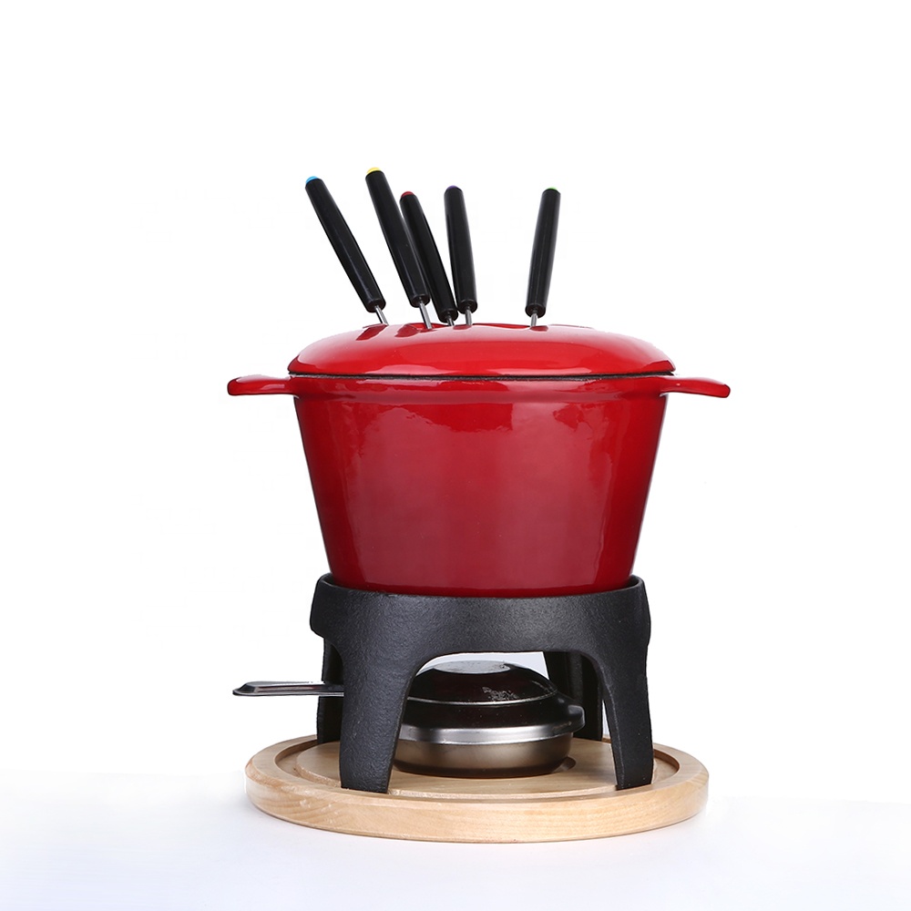 Cute cast iron fondue set with enameled coating and various accessories