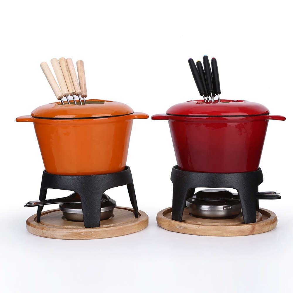 Cute cast iron fondue set with enameled coating and various accessories
