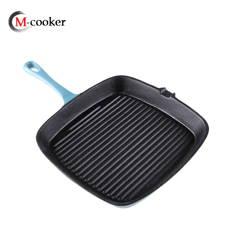Cast iron enamel grill pan with long handle