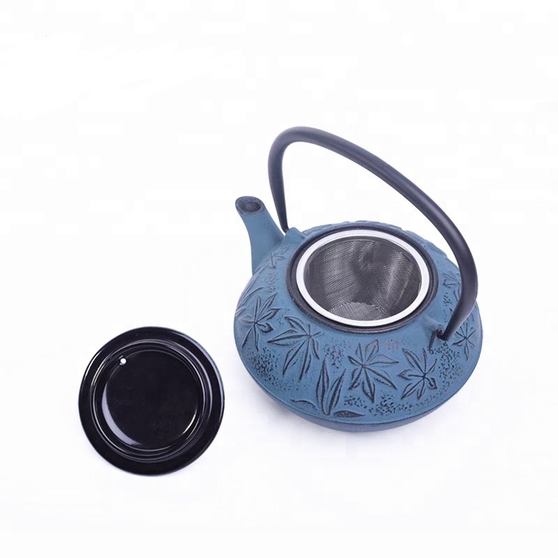 Flat bottom cast iron teapot with handle